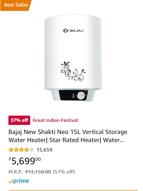 Bajaj New Shakti Neo 15L Vertical Storage Water Heater| Star Rated Heater| Water Heating with Titanium Armour & Swirl Flow Technology| Glasslined Tank| Wall Mounting| 1-Yr Warranty by Bajaj| White