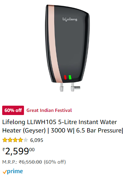 Lifelong LLIWH105 5-लीटर तुरंत वॉटर हीटर (गीज़र) | 3000 W| 6.5 बार दाब | ISI प्रमाणित | 2 वर्ष की गारंटी | (काला)