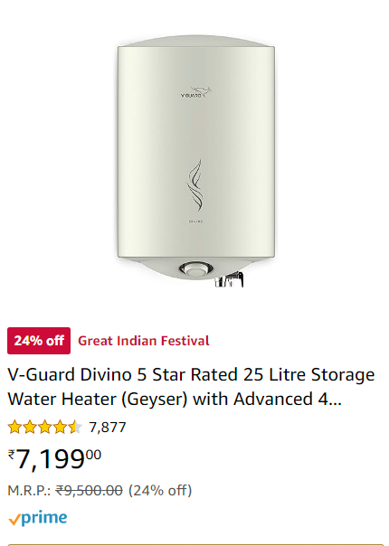 V-Guard Divino 5 Star Rated 25 Litre Storage Water Heater (Geyser) with Advanced 4 Level Safety, White