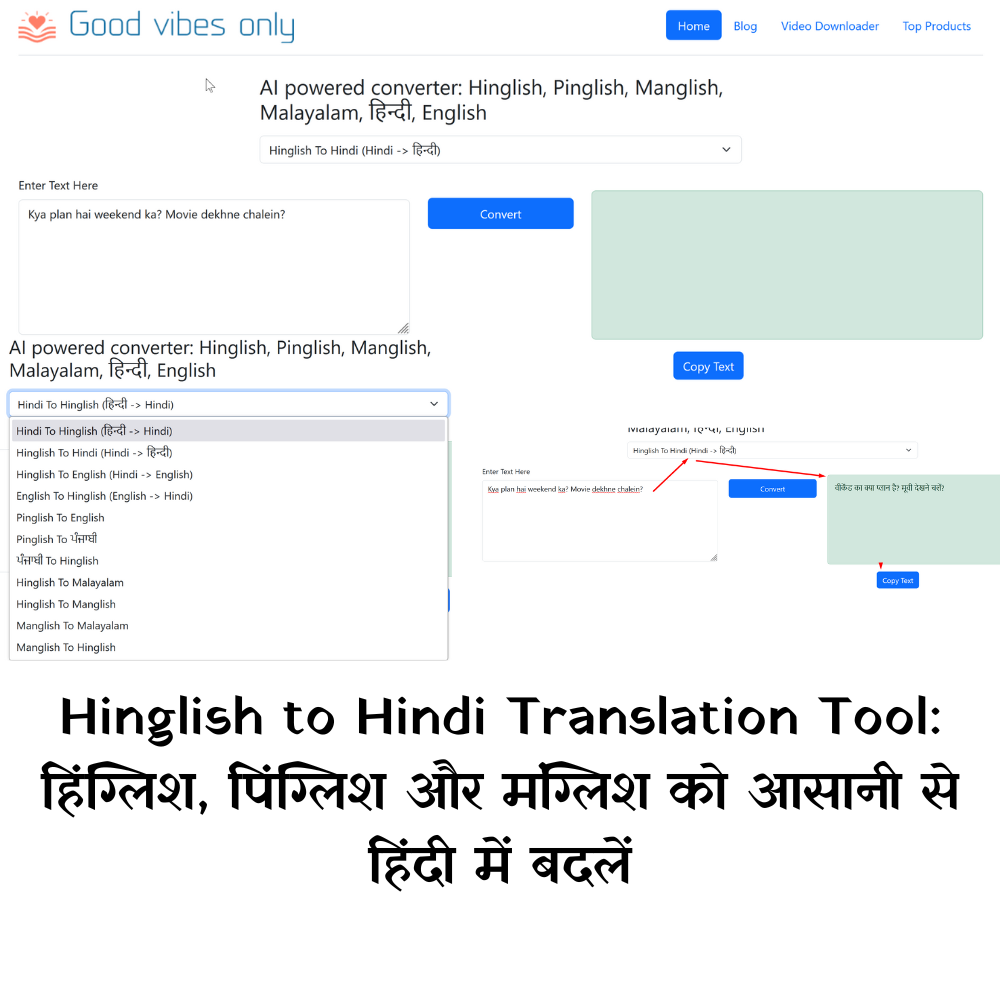 Hinglish to Hindi tool converter Good Vibes Only